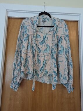 Anthropologie tiger print shirt with pretty crochet trim detail